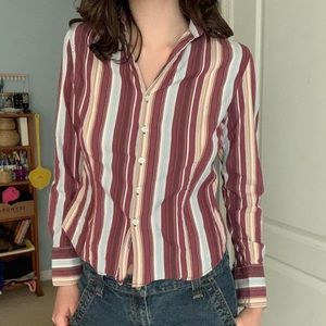 maroon, pale blue, and tan striped long sleeve button up by dockers